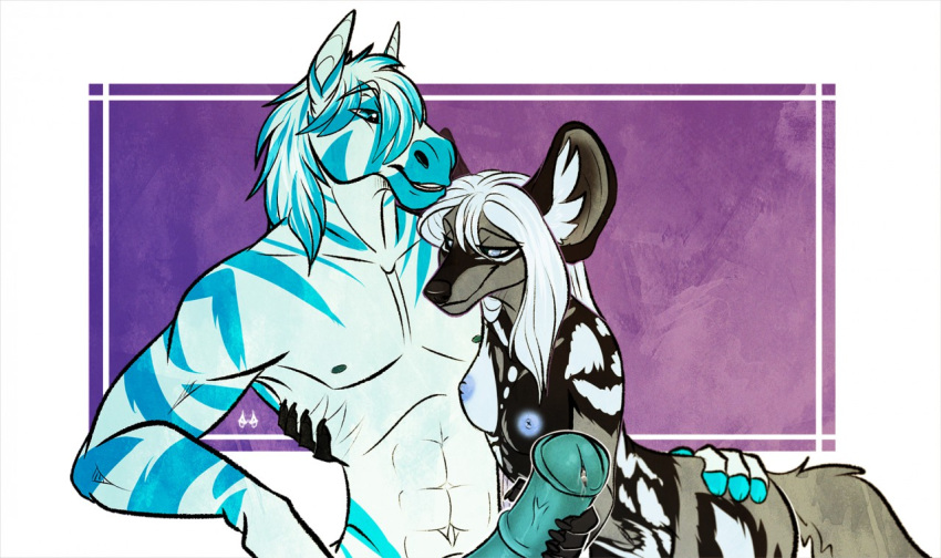 african_wild_dog anthro black_fur black_nose blue_eyes brown_fur canine duo enya enya_(littlemutt) equine female fur grey_fur hair male mammal nipples nude penis shadowwolfhunter smile straight white_fur white_hair zebra