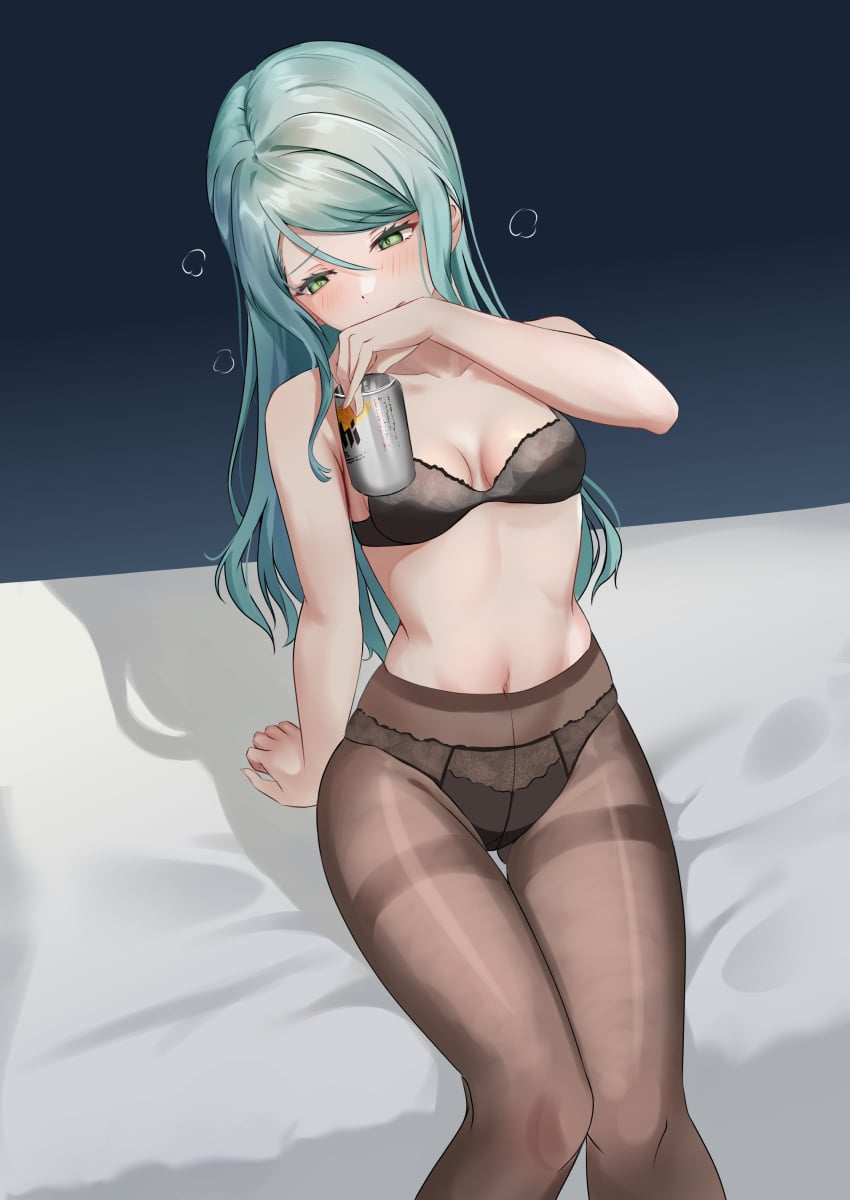 1girls alcohol aqua_hair arm_support asahi_breweries bang_dream! bed beer beer_can black_bra black_panties black_underwear blue_background blush_lines bra breasts breasts_apart cleavage closed_mouth collarbone drunk drunk_bubble eyebrows_visible_through_hair female female_focus female_only foot_out_of_frame furiousghafo gradient_background green_eyes hand_on_bed hand_on_mouth hikawa_sayo knees_together_feet_apart lace-trimmed_bra lace-trimmed_panties lace_bra lace_panties long_hair looking_away looking_down medium_breasts navel panties panties_under_pantyhose pantyhose portrait see-through_clothing see-through_pantyhose shadow simple_background sitting sitting_on_bed solo solo_female straight_hair thighs underwear underwear_only very_high_resolution