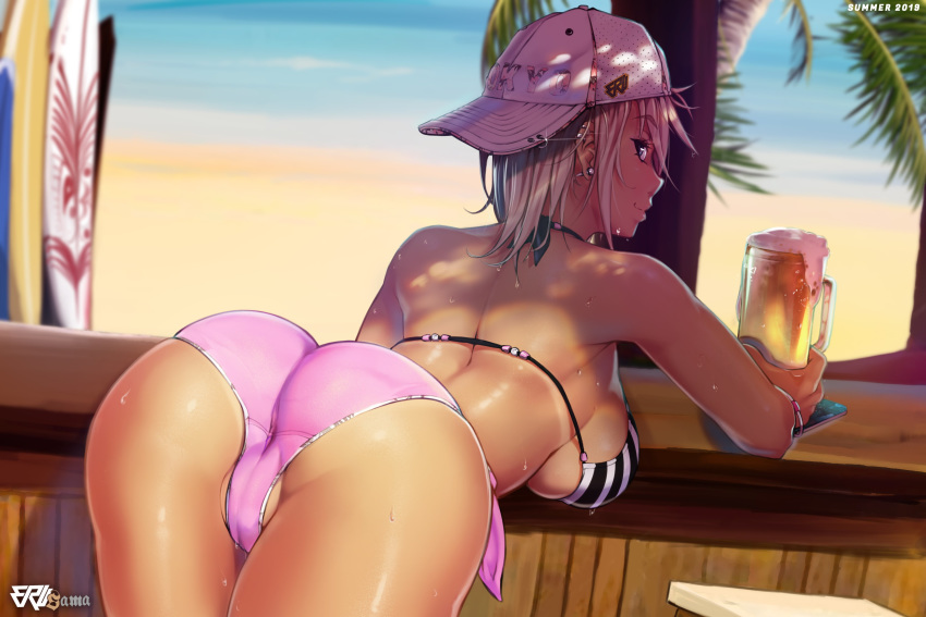 1girls absurdres ass back back_view backwards_hat bar bare_shoulders beach beer bikini black_bikini blonde blonde_female blonde_hair bra breasts cameltoe cleavage dark_skin ear_piercing eru-sama exposed_shoulders female female_only fit_female from_behind gyaru hat highres leaning leaning_forward lipstick looking_at_viewer looking_back looking_back_at_viewer maki_(eru) ocean panties pink_bikini pussy_visible_through_clothes seaside side-tie_bikini sideboob smile solo striped_bikini summer surfboard tan_body tanline thighs tomboy underboob wet_body