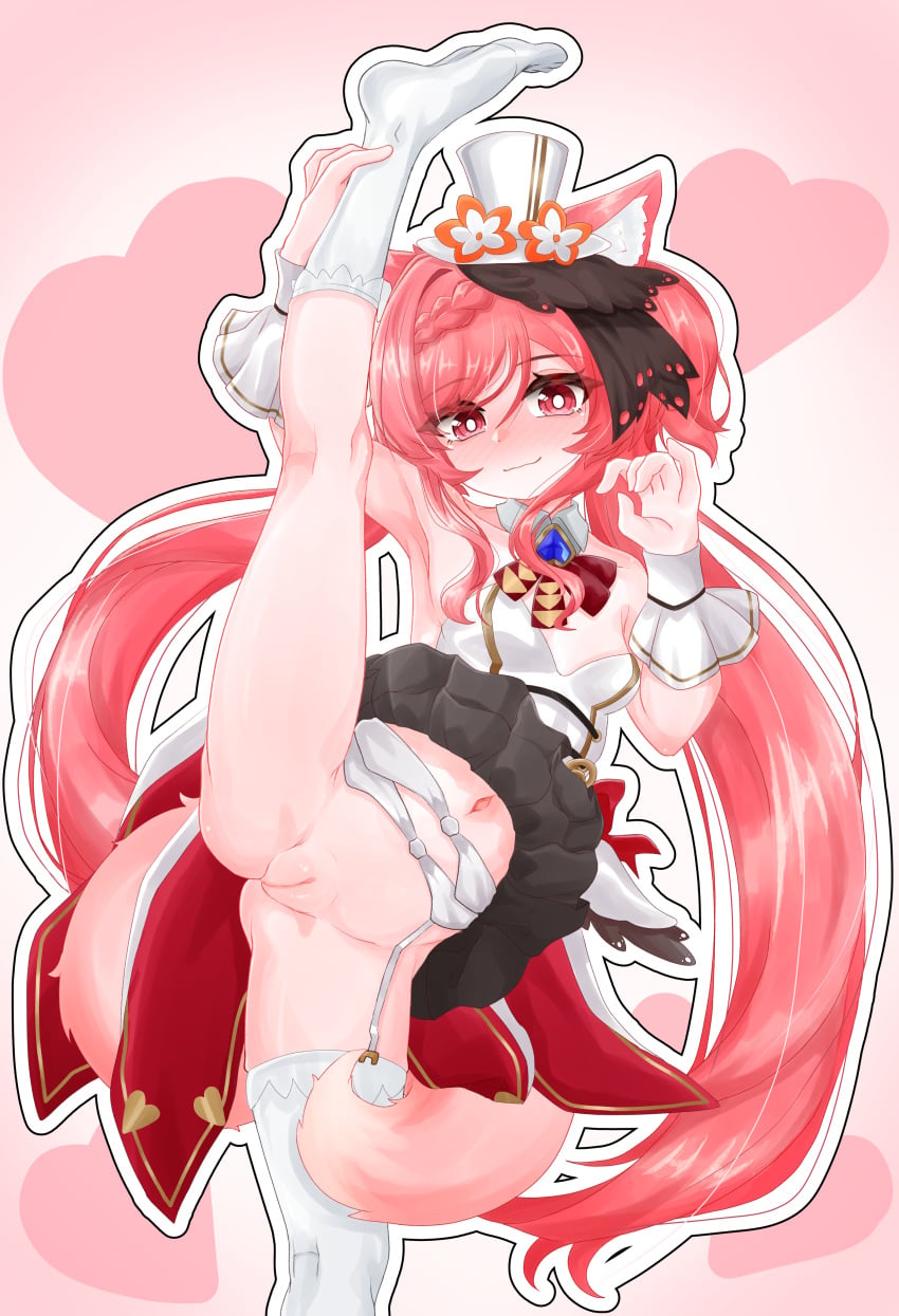 1girl absurdres animal_ear_fluff animal_ears armpits ass_visible_through_thighs astral_party bare_shoulders black_skirt blush braid breasts bright_pupils censored cleft_of_venus closed_mouth clothes_lift commentary_request detached_collar flashing flexible fluffy_tail frilled_socks frilled_thighhighs frilled_wrist_cuffs frills furuki_yoki_bon_odori garter_belt garter_straps gem hair_between_eyes hat highres holding_own_leg idol_clothes kneepits leg_lift leg_up lolita_fashion long_hair looking_at_viewer mini_hat mini_top_hat mosaic_censoring navel no_panties outline pink_background pink_eyes pink_hair pink_tail pleated_skirt purple_gem pussy shirt single_braid single_thighhigh skirt skirt_lift small_breasts smile socks solo split spread_legs standing standing_on_one_leg standing_split strapless strapless_shirt teru_(astral_party) thighhighs top_hat variant_set very_long_hair white_outline wide_spread_legs wrist_cuffs