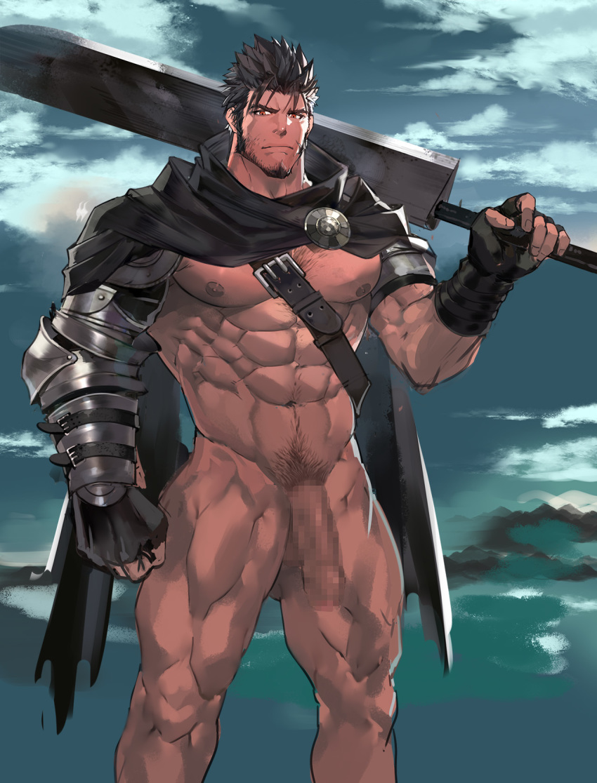 1boy censored male male_focus male_only muscular nikism nipples original pubic_hair solo sword uncircumcised