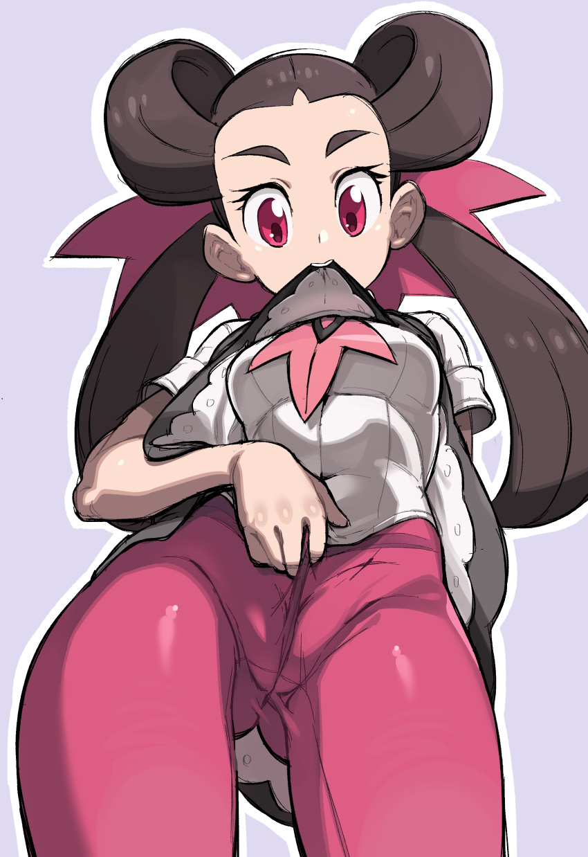 1girls ass breasts brown_hair cameltoe dress dress_lift eyelashes female female_masturbation female_only from_below glo-s-s gym_leader holding human human_only long_hair looking_down masturbating masturbation mouth_hold nintendo panties panty_pull pantyhose pokemon pokemon_oras pokemon_rse purple_background red_eyes roxanne_(pokemon) roxanne_(pokemon_oras) skirt standing teeth twintails white_border wide_hips