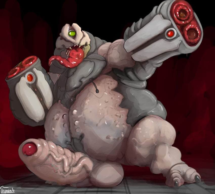 1_eye 1boy 2019 ambiguous_orifice aroused belly big_balls big_belly big_penis demon doom fat feet foreskin green_eyes gun hi_res huge_penis humanoid_penis long_penis long_tongue male_only mancubus_(doom) monster one_eye overweight overweight_male penis precum ranged_weapon sharp_teeth testicles text thick_penis thick_thighs thighs tongue uniparasite veins veiny_belly veiny_penis video_games warts watermark weapon wide_hips