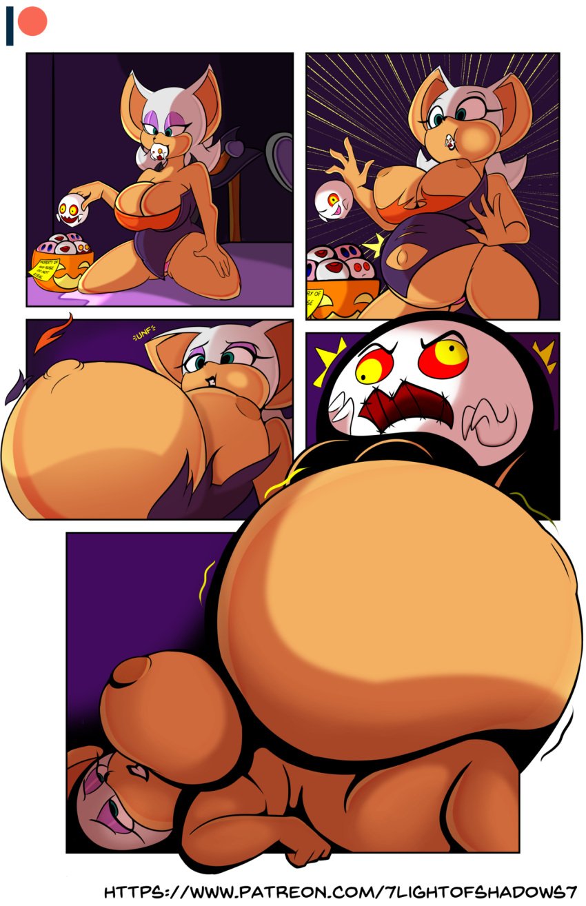 02_(kirby) 7lightofshadows7 7los7 anthro belly_expansion big_belly big_breasts body_invasion boo_(sonic) breast_expansion breasts color comic female full_body_inflation ghost halloween inflation internal kirby kirby_(series) rouge_the_bat sega sonic_(series) stomach_bulge surprised torn_clothes vore