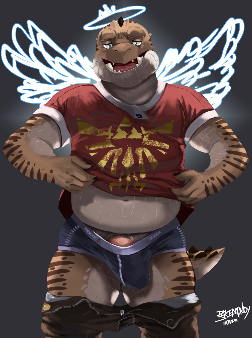 angel anthro bakemonoy belly bulge clothing elliot gecko hylian_crest lizard logo male male_only nintendo penis reptile scalie shirt slightly_chubby solo teeth the_legend_of_zelda triforce underwear video_games