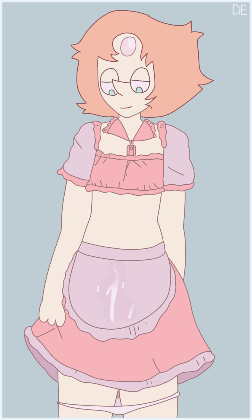 2021 cartoon_network cum cum_on_clothes drawinecchi gem_(species) maid maid_uniform panties_down pearl_(steven_universe) poorly_drawn_hands signature simple_background smile steven_universe