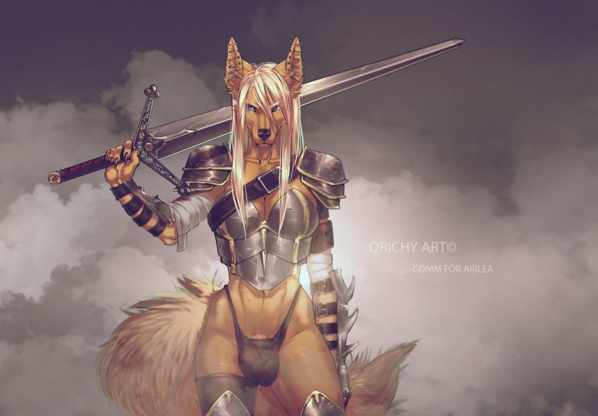 animal_genitalia anthro armor balls clothed clothing dickgirl golden_jackal intersex melee_weapon qrichy sword weapon zilla_(airlea)