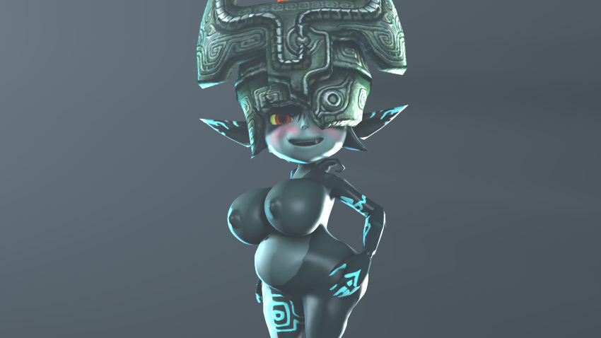 1girls 3d absurdres alternate_breast_size areolae ass body_markings breasts chubby cowboy_shot cute_fang eye_contact female female_only front_view gradient_background grey_background half-closed_eyes helmet highres huge_breasts humanoid imp_midna long_ears looking_at_viewer midna nintendo nipples nude ohblaargag pointy_ears pregnant red_eyes smile solo source_filmmaker the_legend_of_zelda thick_thighs twilight_princess wide_hips yellow_sclera