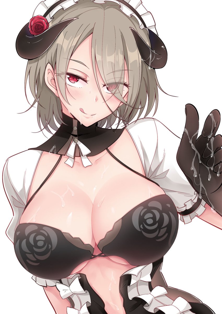 :q black_bra black_gloves blush bow bra breasts corset cum cum_on_body cum_on_breasts cum_on_clothes cum_on_horns cum_on_stomach cum_on_upper_body detached_collar eyes_visible_through_hair facial fei_lio_mao female flower gloves grey_hair hair_over_one_eye highres hirakuneko honkai_impact horns large_breasts looking_at_viewer maid maid_headdress puffy_short_sleeves puffy_sleeves red_eyes red_flower red_rose rita_rossweisse rose seductive_smile short_hair short_sleeves shrug_(clothing) simple_background smile solo tongue tongue_out underwear white_background white_bow