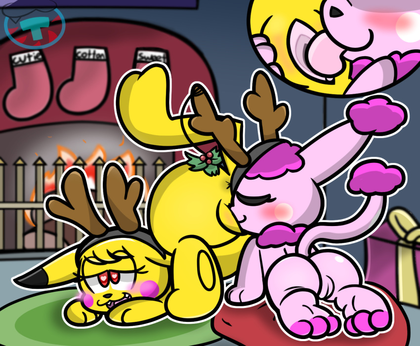 alternate_color antlers anus ass big_butt blush christmas cleft_tail cottonchu cunnilingus cutiechu duo female feral fur happy happy_sex holidays horn mintytempest nintendo open_mouth oral original_character pikachu pokémon_(species) pokemon pussy sex smile spread_legs spreading thick_thighs tongue tongue_out vaginal_penetration video_games wide_hips yellow_fur yuri