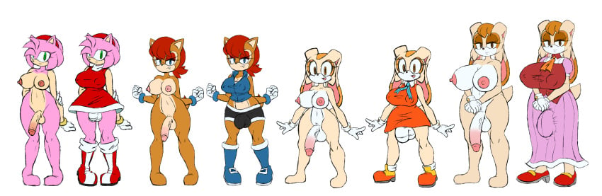 amy_rose balls breasts bulge cream_the_rabbit diabolussex futa_only futanari intersex nipples penis penis_under_dress sally_acorn sonic_(series) storyman vanilla_the_rabbit