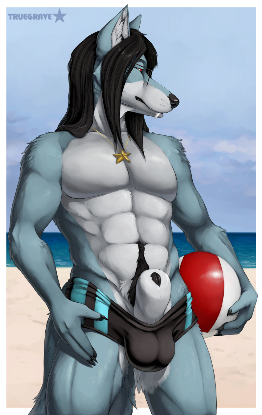 abs absurd_res animal_genitalia anthro ball balls balls_outline beach beach_ball black_hair blue_body blue_fur body_hair canid canine clothed clothing eyewear fox fur genital_outline genitals hair happy_trail hi_res inflatable jewelry kahnso_(ceeb) large_sheath locket long_hair looking_aside male male_focus male_only mammal muscular muscular_male necklace outside partially_clothed pecs pubes red_eyes sand sea seaside sheath solo swimming_trunks swimwear truegrave9 tusks water white_body white_fur