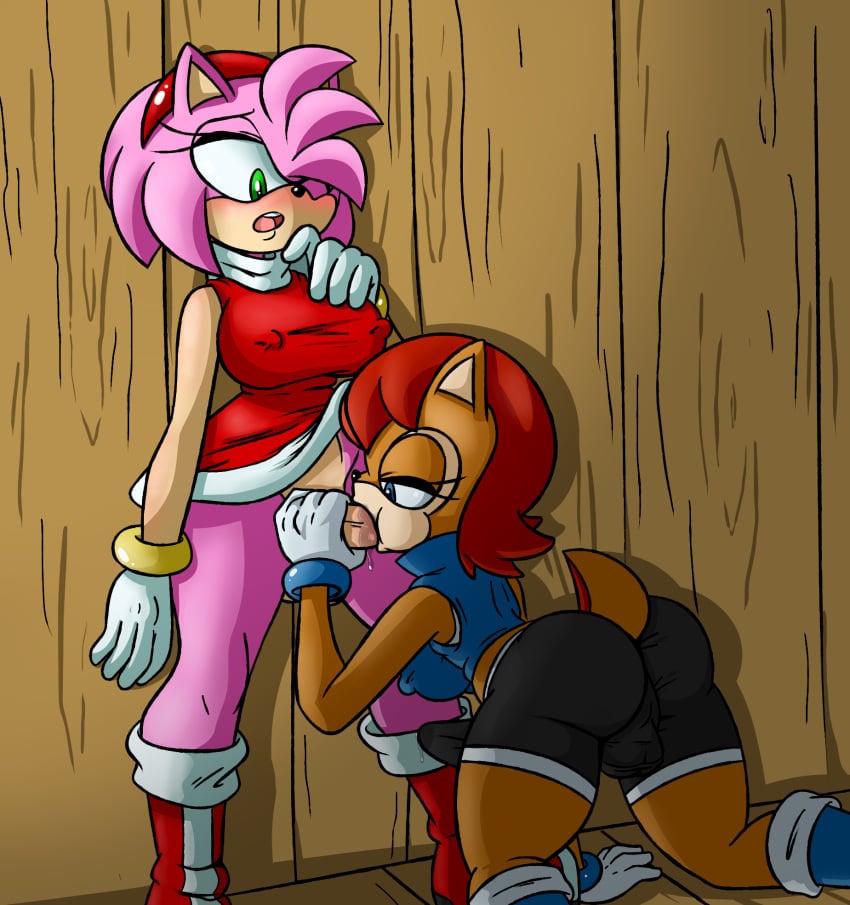 amy_rose ass balls breasts bulge clothed diabolussex futa_on_futa futa_only futanari intersex nipples oral penis precum sally_acorn sonic_(series) story_at_source storyman upskirt