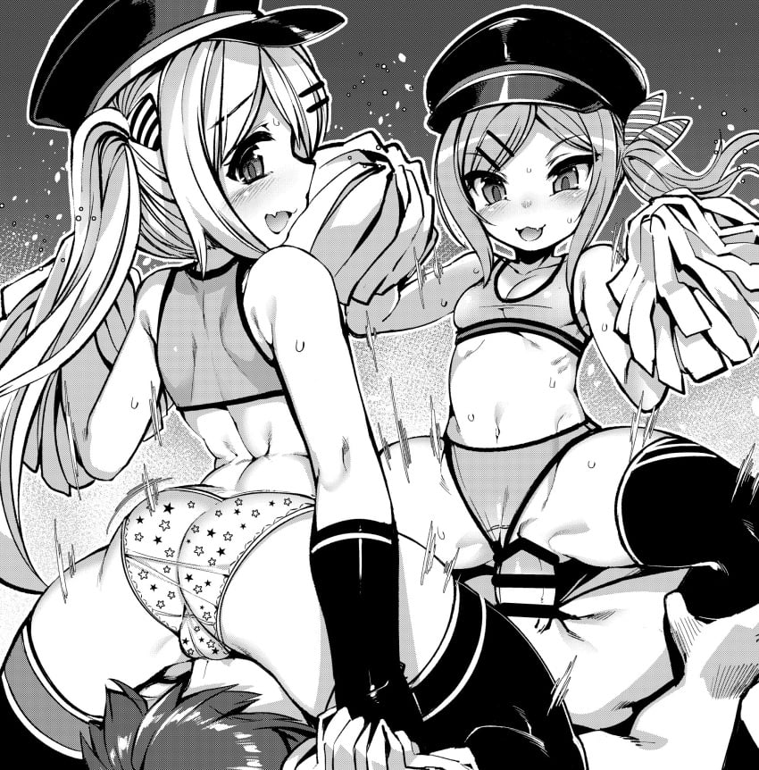 1boy 2girls age_difference ass azur_lane bare_shoulders bra censored commentary_request fang ffm_threesome gloves group_sex hair_ornament hairclip harigane_shinshi hat hetero highres long_hair midriff monochrome multiple_girls navel older_male older_male_younger_female older_man older_man_and_younger_girl open_mouth panties panties_aside pom_pom_(cheerleading) pom_poms sex sitting sitting_on_face sitting_on_person small_breasts squatting_cowgirl_position straddling straight thighhighs threesome training_bra twintails underwear z18_(azur_lane) z20_karl_galster_(azur_lane)