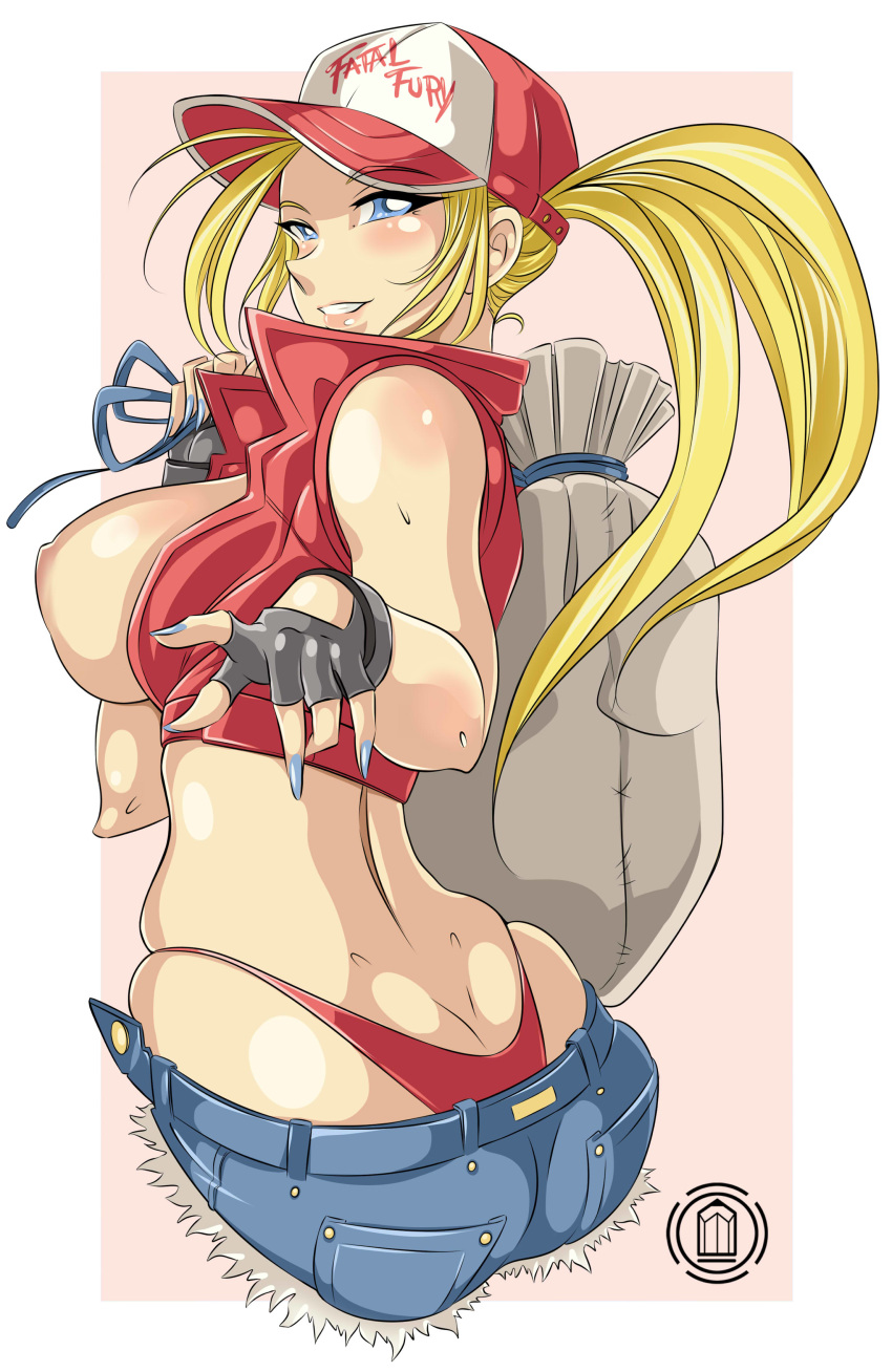 1girls ass blonde_hair blue_eyes breasts breasts_out canon_genderswap cap female female_only fingerless_gloves gloves jacket king_of_fighters large_breasts looking_at_viewer nail_polish nipples panties pawz_(artist) pawzncupz ponytail red_panties rule_63 shorts snk snk_heroines:_tag_team_frenzy solo terry_(snk_heroines:_tag_team_frenzy) terry_bogard voluptuous whale_tail