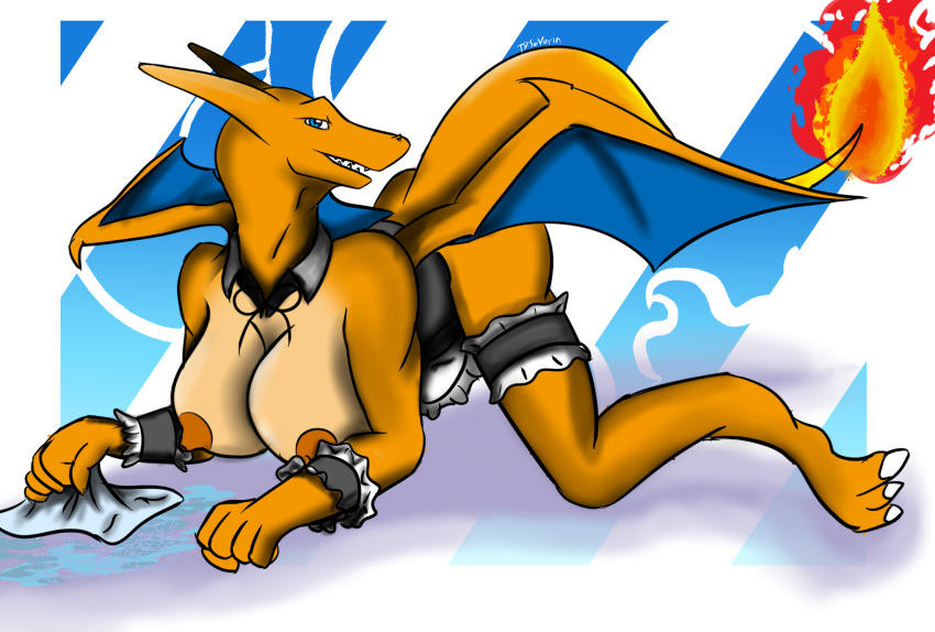 1girls 2018 3_toes anthro anthrofied big_ass big_breasts blue_skin breasts charizard claws clothed clothing dragon feet female female_only huge_breasts long_neck looking_at_viewer maid_uniform nintendo open_mouth orange_skin pokémon_(species) pokemon pokemon_(species) pokemon_rgby scalie simple_background solo tysavarin uniform video_games wings