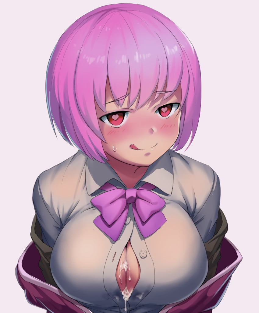 black_jelly blush bow bowtie breasts button_gap cleavage collared_shirt cum cum_on_body cum_on_breasts cum_on_upper_body female half-closed_eyes heart heart-shaped_pupils hood hoodie large_breasts licking_lips navel nsmile off_shoulder purple_hair red_eyes school_uniform shinjou_akane shirt short_hair solo ssss.gridman symbol-shaped_pupils tongue tongue_out