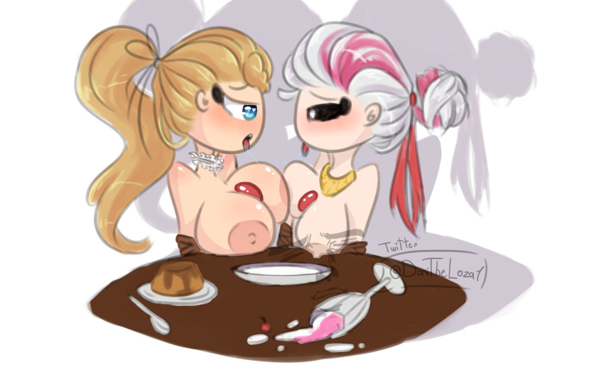 2girls big_breasts black_eyes blonde_hair blue_eyes breasts danitheloza1 fhs fhsz3r0 fnafhs fnafhs_z3ro joy_(fnafhs) lactation meg_(fnafhs) pink_hair pressing_breasts_together two_tone_hair white_hair