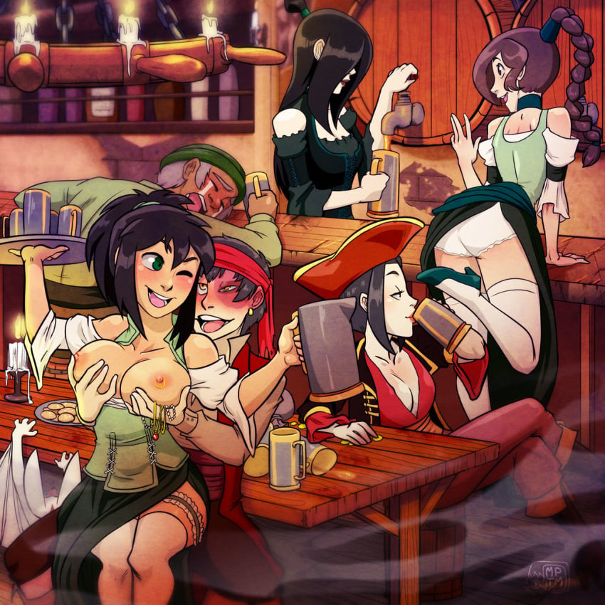 2boys 4girls alcohol alternate_costume ass avatar_the_last_airbender azula bar bare_shoulders bartender beer bent_leg black_hair black_lipstick braid breast_grab breast_piercing breasts breasts_out brother_and_sister brown_hair cabbage_merchant cabbage_seller_(avatar) candle chair choker cleavage closed_eyes closed_mouth clothing crying dress drink drinking drunk earth_kingdom exposed_breasts fire_nation frilly_panties garter grabbing grabbing_from_behind green_eyes grey_hair groping_breasts groping_from_behind hair_over_one_eye half-closed_eyes happy hat headband highres indoors interspecies jin_(avatar) june_(avatar) large_breasts lips lipstick long_hair looking_at_another looking_at_ass makeup medium_breasts momo_(avatar) multiple_boys multiple_females multiple_girls multiple_males my_pet_tentacle_monster nickelodeon nipple_piercing nipple_rings nipples old_man open_mouth panties pirate pirate_hat pitcher ponytail primate public_nudity raised_skirt red_hat red_headband red_lipstick scar short_hair sitting smile smoke spilled_drink standing stockings straight table tears thighhighs tray ty_lee waitress wave wench wink yellow_eyes yuri zuko