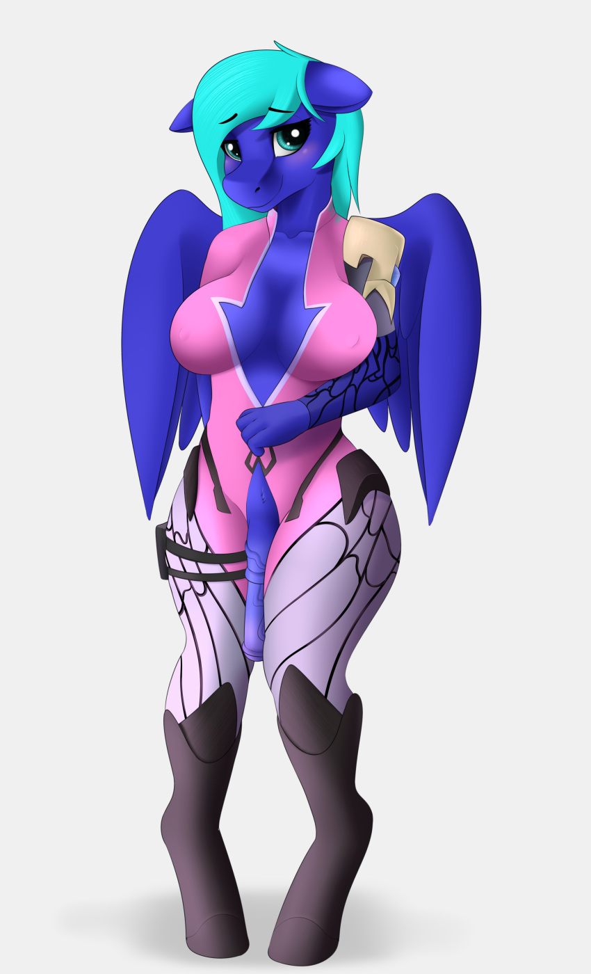 animal_genitalia animal_penis anthro big_breasts blush booponies breasts cosplay crossover equine equine_penis fan_character female horsecock intersex mammal moonlightshy my_little_pony nipples overwatch pegasus penis shy smile standing video_games widowmaker_(cosplay) wings