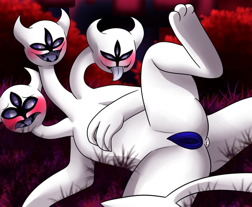 3_eyes 3_heads 3_toes 4_fingers 9_eyes anthro anus blue_pussy blush closed_smile clover_(deltarune) curved_horn deltarune embarrassed female happy horn monster multi_eye multi_head open_mouth open_smile purple_eyes purple_pupils pussy raised_leg smile solo toes tongue tongue_out undertale video_games white_skin yoshimister