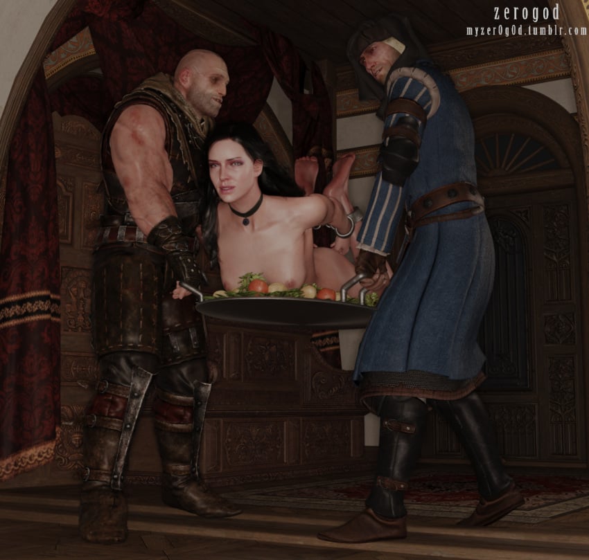 1girls 2boys 3d black_hair bound breasts cd_projekt_red letho_of_gulet nipples the_witcher_(series) the_witcher_2 the_witcher_3:_wild_hunt vernon_roche yennefer zer0g0d