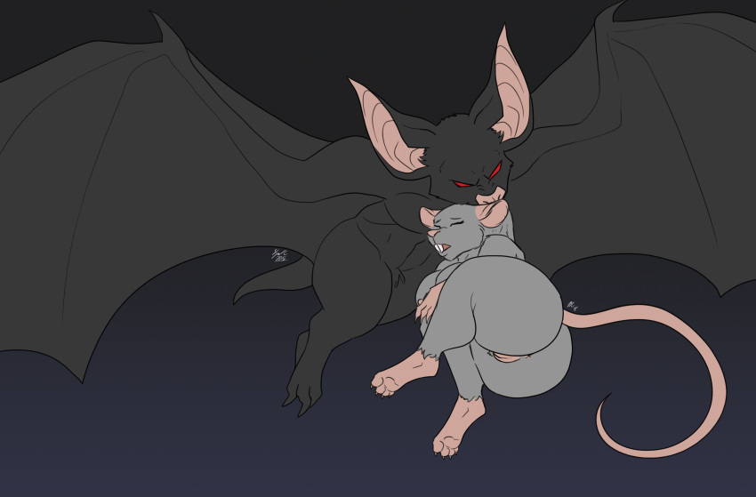 absurd_res anthro anus ass bat big_breasts big_butt big_ears bite black_skin breasts closed_eyes colored dark_background duo female fur hi_res invalid_tag long_tail male mammal nude open_mouth pussy pyc-art rat red_eyes rodent signature simple_background straight teeth