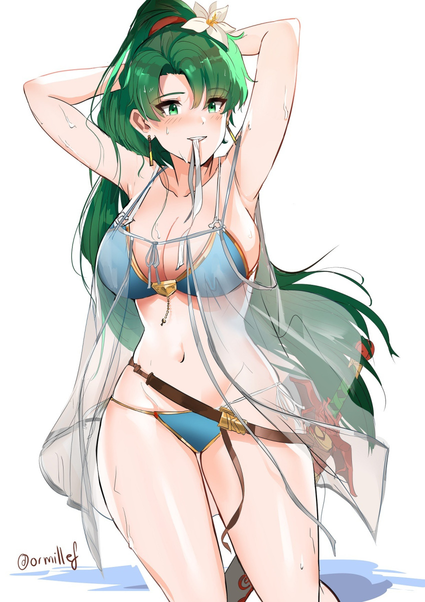 bikini blush breasts earrings female fire_emblem fire_emblem:_the_blazing_blade flower green_eyes green_hair jewelry long_hair lyn_(fire_emblem) ormille solo sweat sweatdrop