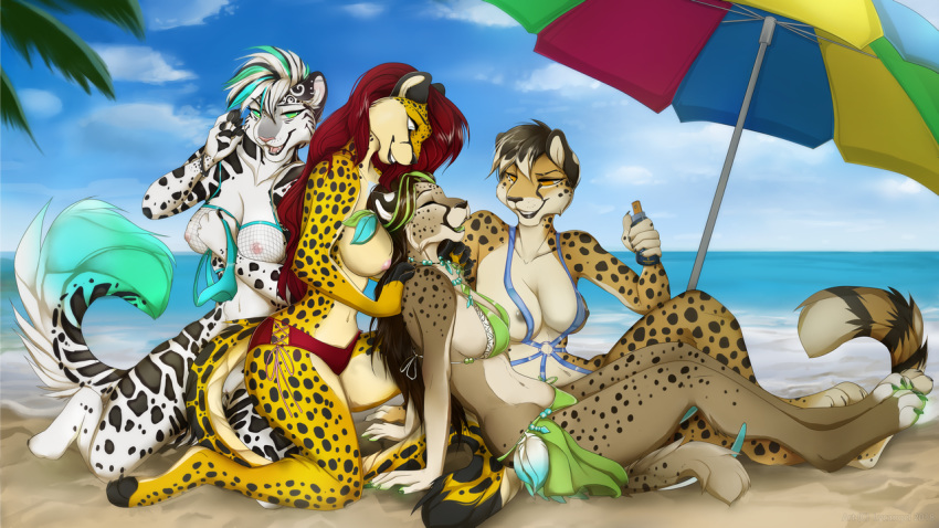 2018 5_fingers anthro areola beach bikini black_lips bra breasts cheetah clothing clouded_leopard day detailed_background feline female green_eyes group hair hybrid leopard looking_at_viewer lycangel mammal nipples outside panties pussy red_hair seaside sky smile summer sun swimsuit umbrella underwear undressing