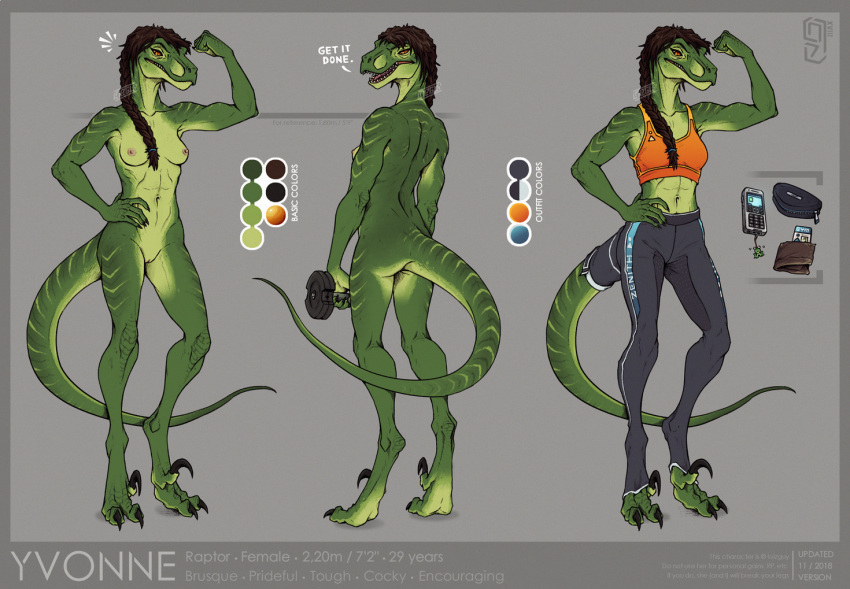 2018 amber_eyes anthro areola breasts dinosaur female green_skin lolzguy midriff model_sheet navel nipples open_mouth pussy raptor solo teeth theropod tongue yvonne_(lolzguy)