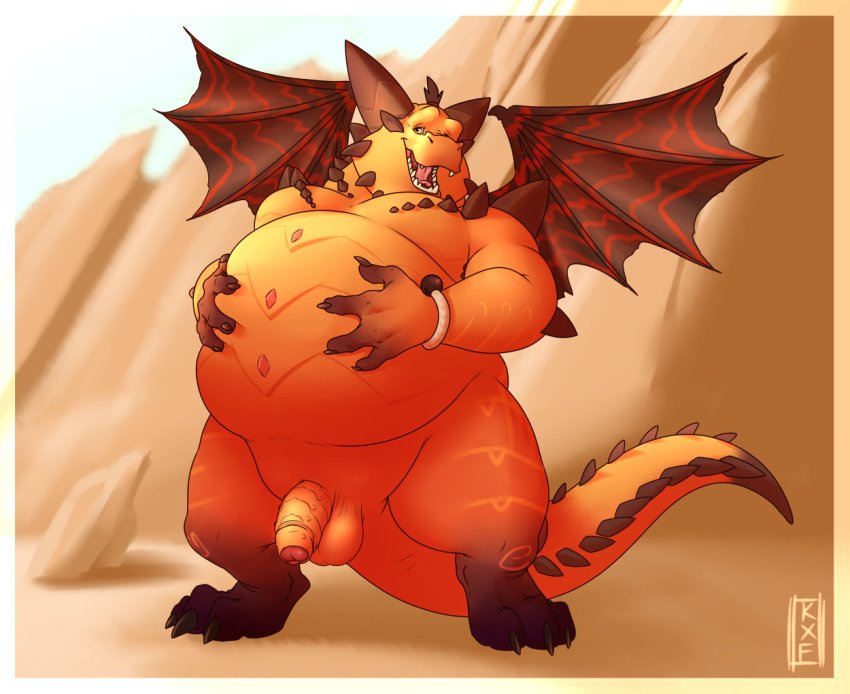 1boy 2018 4_fingers anthro balls belly belly_grab big_belly big_horns dragon flaccid front_view humanoid_penis kronexfire looking_at_viewer magnus_(spyro) male male_only nude open_mouth orange_scales overweight partially_retracted_foreskin penis scales self_grab solo spyro_reignited_trilogy spyro_the_dragon standing uncut video_games wings