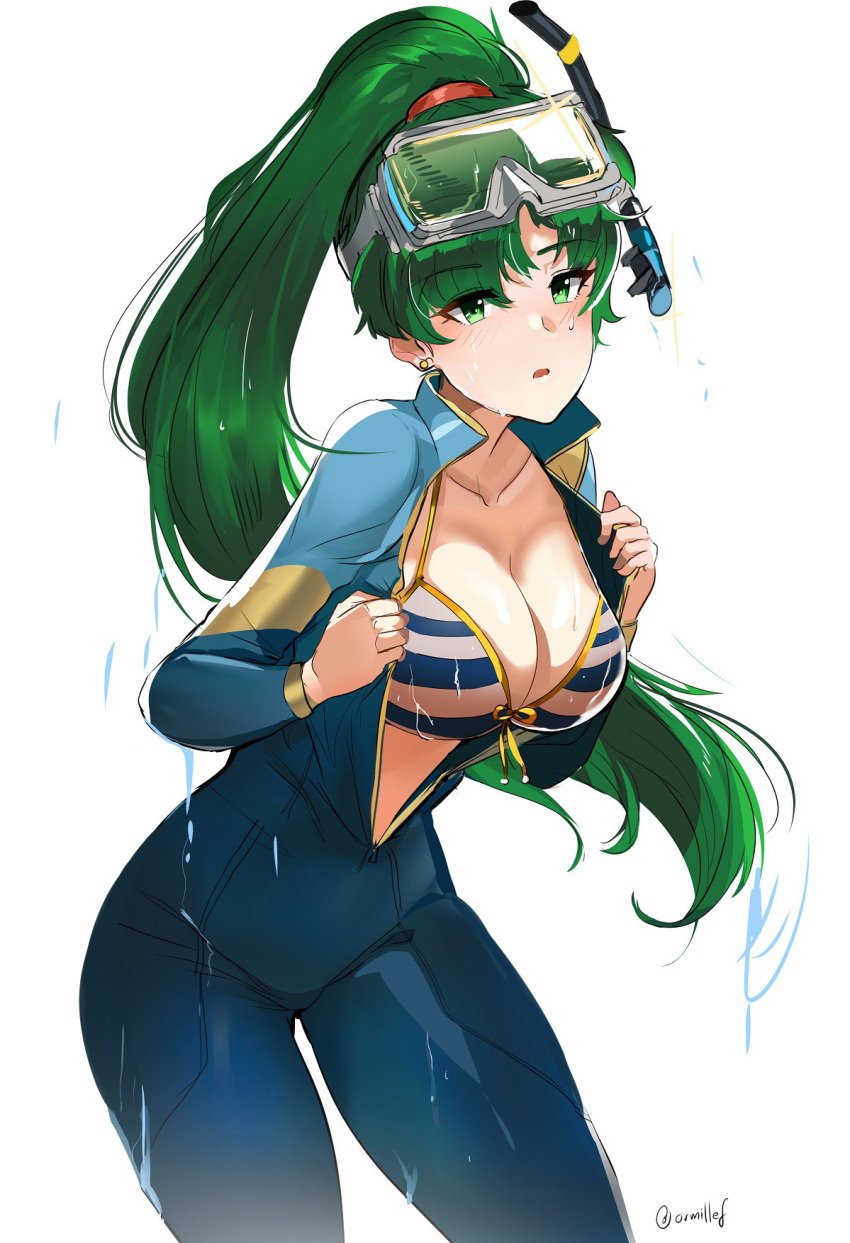 bikini blush breasts earrings female fire_emblem fire_emblem:_the_blazing_blade front_zipper green_eyes green_hair jewelry long_hair lyn_(fire_emblem) lyndis_(fire_emblem) ormille solo wet wetsuit zipper