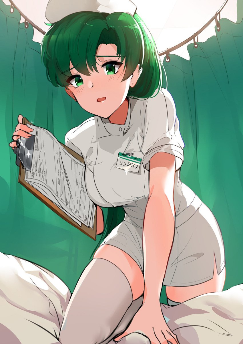 1girls blush clipboard duo erection erection_under_sheets female fire_emblem fire_emblem:_the_blazing_blade green_eyes green_hair long_hair lyn_(fire_emblem) lyndis_(fire_emblem) nurse ormille penis