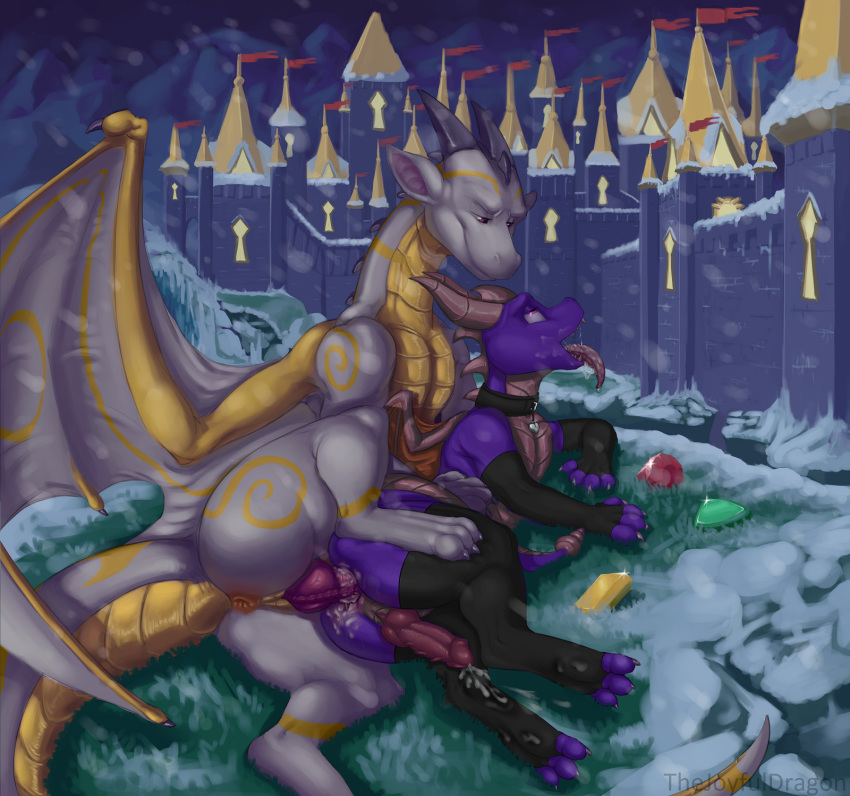 activision anal ass bodily_fluids castle clothing collar cum cum_on_feet dragon feet genital_fluids knot lautrec legwear male male/male paws penis slit snow spyro spyro_the_dragon stockings thejoyfuldragon tongue video_games wings winter