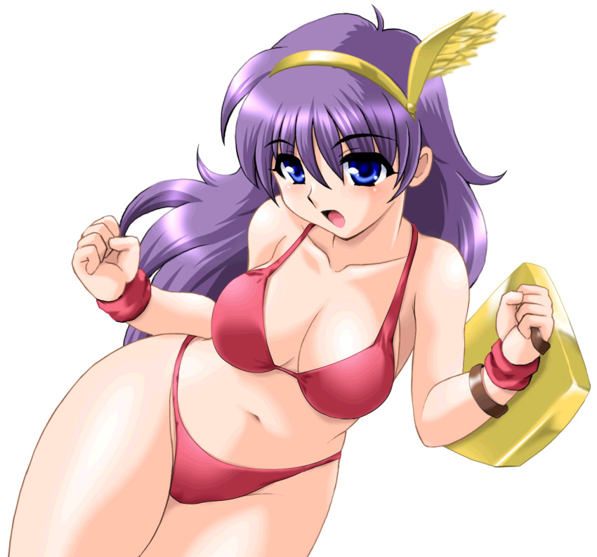 1girls athena_asamiya bikini blue_eyes female female_only princess_athena purple_hair shield snk solo toushi_ryoku