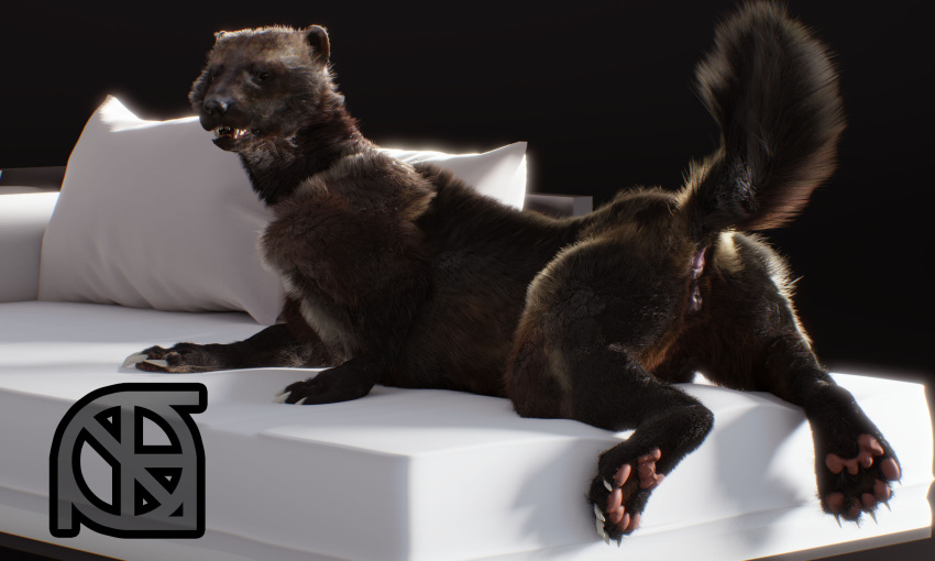 3d animal_genitalia animal_pussy anthro anus ass black_nose claws cosmiclife feet female feral fur hi_res looking_at_viewer mammal mustelid pawpads paws pinup pose pussy realistic semi-anthro sofa solo spread_legs spreading wolverine zoe