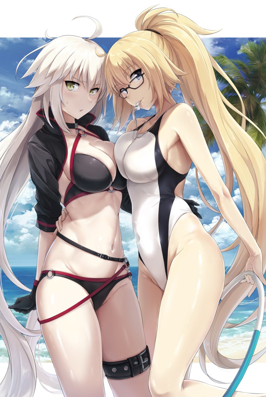 2girls akita_hika beach bikini blonde_hair breasts cleavage fate/grand_order fate_(series) female female_only highleg jeanne_alter jeanne_d'arc_(fate) jeanne_d'arc_(swimsuit_archer) looking_at_viewer one-piece_swimsuit swimsuit