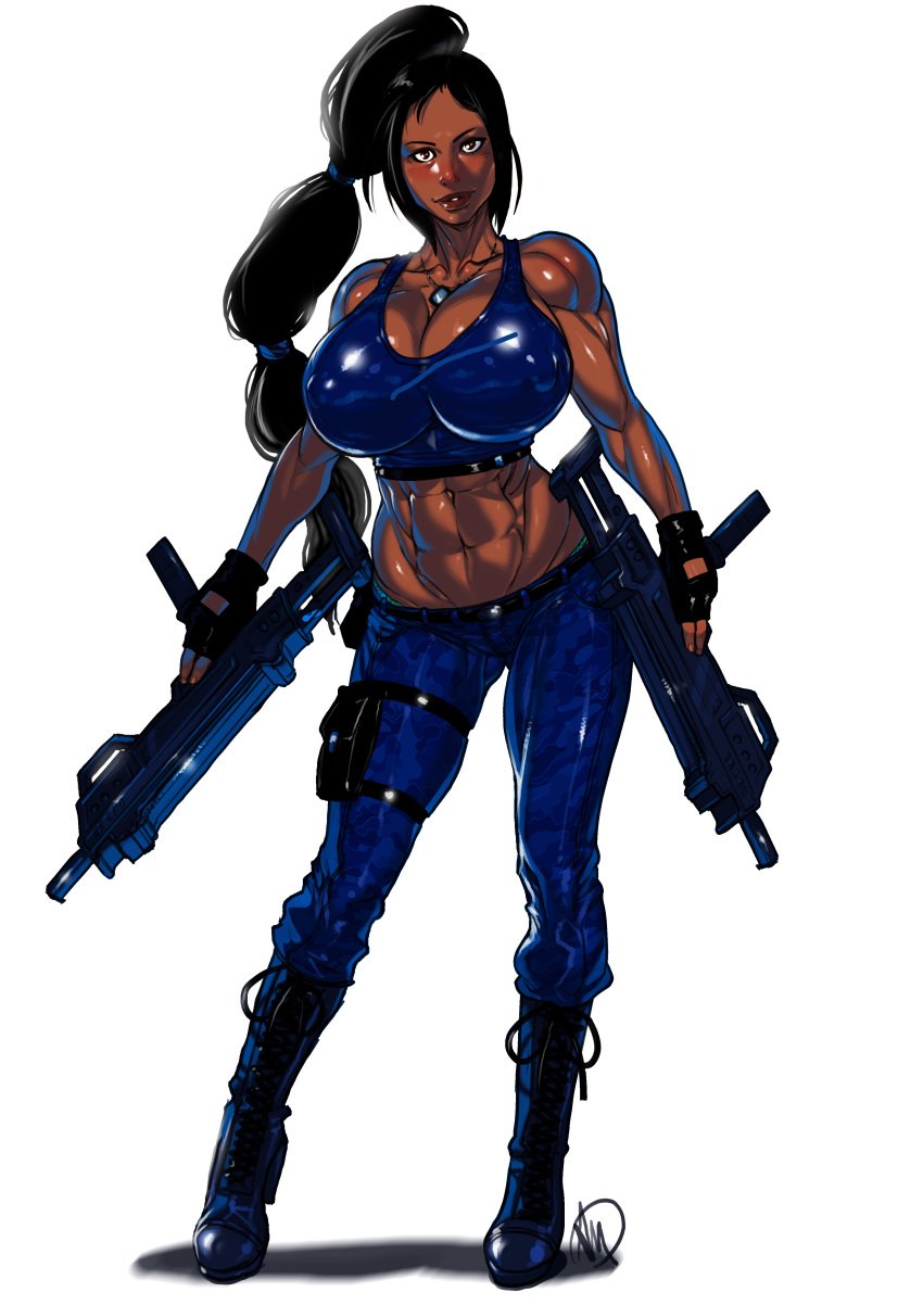 abs breasts cleavage dark-skinned_female dark_skin female female_only ganassa huge_breasts machine_gun military_uniform muscles muscular muscular_female original solo weapon