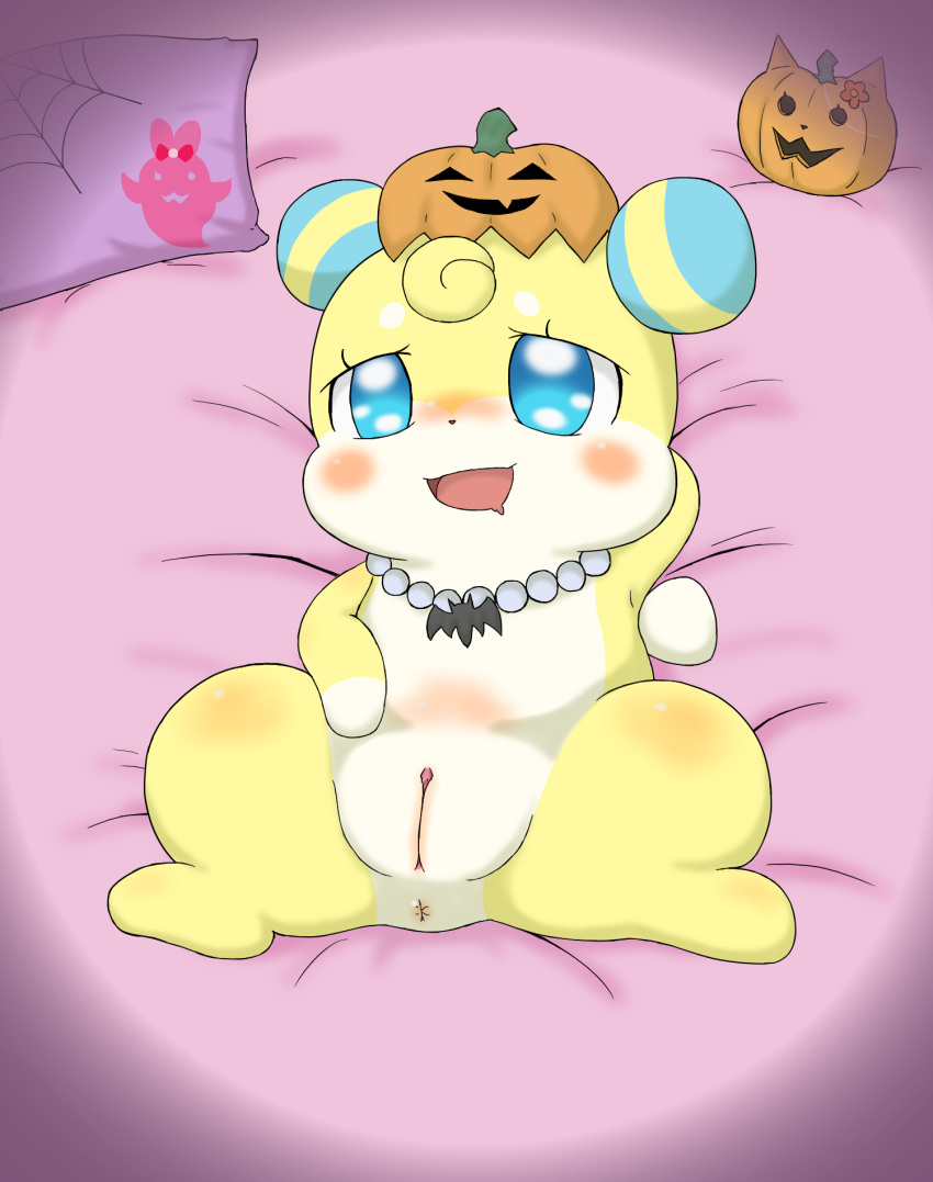 2018 anthro anus blue_eyes blush clitoris cocotama dream_maker_watanabe drooling female half-closed_eyes halloween hi_res hirake!_cocotama holidays jack-o'-lantern jewelry looking_at_viewer lying mammal necklace ojou_(cocotama) on_back open_mouth pillow presenting presenting_pussy pussy saliva semi-anthro signature solo tongue