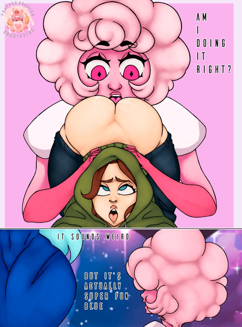 ahe_gao ass blue_diamond_(steven_universe) bottomless cartoon_network clothed_sex comic diamond_authority english_text female/female gem_(species) human interspecies licking panels pink_diamond_(steven_universe) pink_hair pink_skin prayforcummies size_difference steven_universe yuri