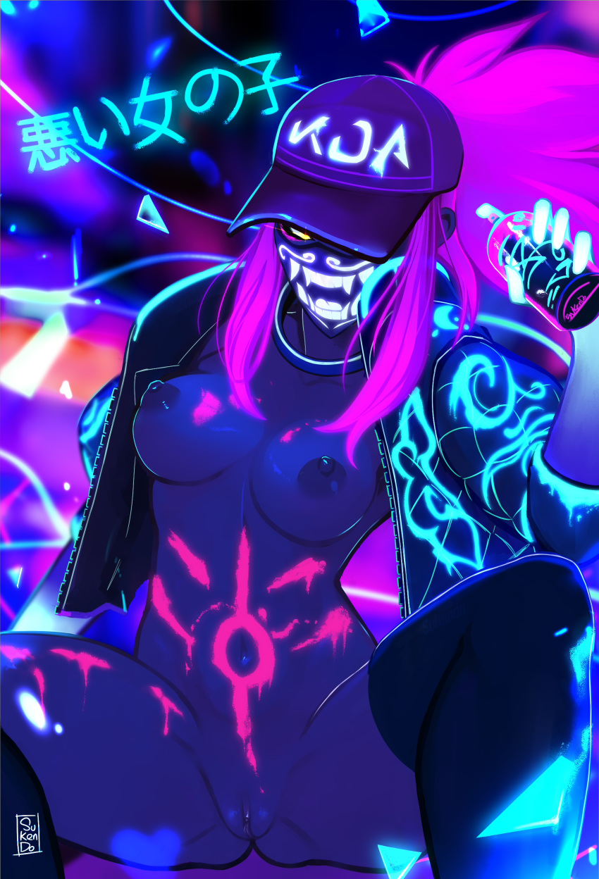 akali alternate_costume bodypaint breasts cum dark exposed exposed_breasts glow glowing k/da_akali k/da_series league_of_legends legs neon nude paint pose purple purple_hair pussy spray streetwear sukendo urban