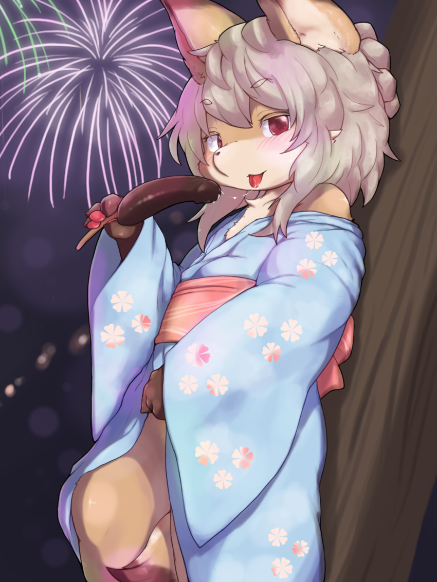 ambiguous_gender anthro blush candy canine clothing fireworks food fox hair humanoid_penis japanese_clothing kitsunepurin male male_only mammal no_underwear penis saliva saliva_string solo traditional_clothing white_hair yukata