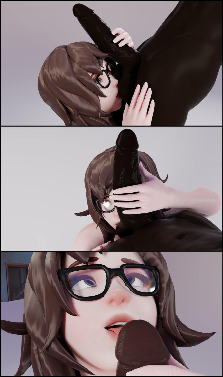 1boy 1girls 3d ball_worship balls big_balls big_penis blender brown_hair cock_worship dark-skinned_male dark_skin erection faceless_male female french_nails glasses interracial large_penis licking male mei_(overwatch) open_mouth overwatch penis ponkosfm standing straight testicles tongue tongue_out