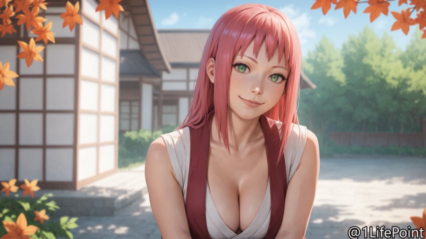 1lifepoint ai_generated busty cleavage green_eyes highres looking_at_viewer medium_breasts naruto naruto_(series) patreon pink_hair sakura_haruno smile wallpaper