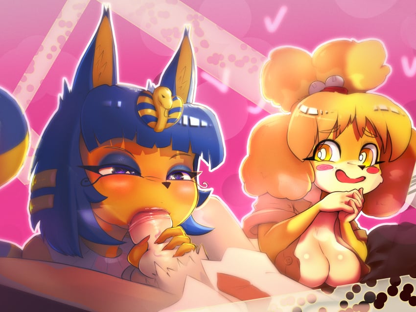 4:3 animal_crossing ankha ankha_(animal_crossing) anthro bed big_breasts blue_eyes blue_hair blush breasts clothing eyelashes eyeshadow fellatio female furniture genitals group hair hi_res human isabelle_(animal_crossing) kneeling lips lipstick lipstick_on_penis makeup male male/female mammal mistleinn nintendo on_bed oral penile penis penis_grab sex simple_background sitting sitting_on_bed smile tail trio yellow_body yellow_eyes