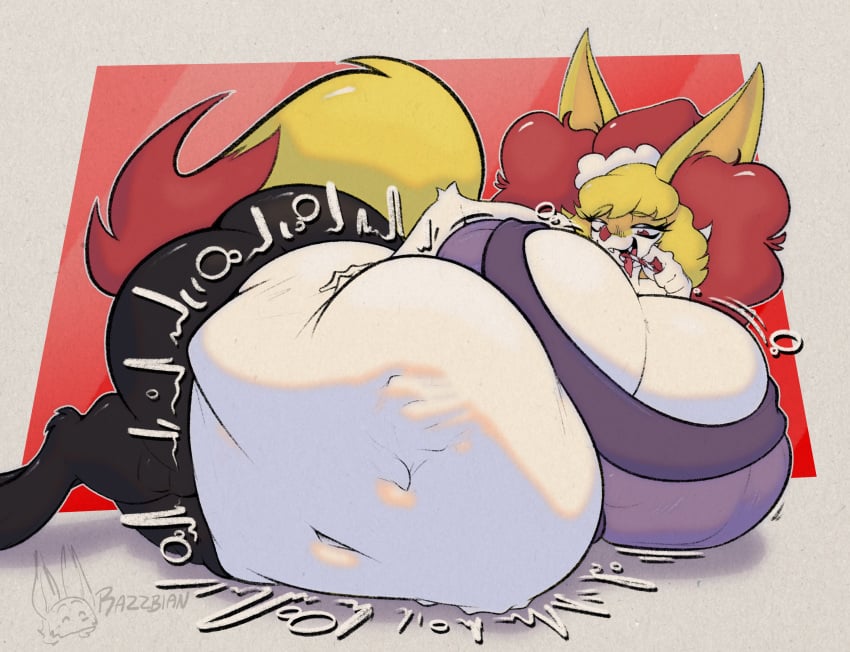 anthro ass belly big_belly big_breasts big_butt braixen breasts canid canine clothing female female/female fox generation_6_pokemon hi_res huge_belly huge_breasts hyper hyper_belly mammal navel nintendo pokemon pokemon_(species) razzbian solo squirming sweater tairenar thick_thighs topwear vore