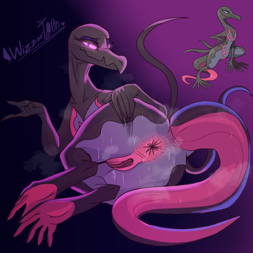 cartoonwizzard dimwitdog_style female game_freak musk_clouds naughty_face pokemon pokemon_(species) salazzle scalie scalie_female scalie_tail showing_ass showing_pussy sweating sweaty sweaty_body sweaty_butt tight_anus