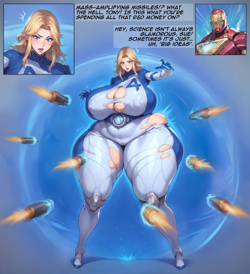 ai_generated bodysuit chubby expansion fantastic_four growth huge_ass huge_breasts inflation invisible_woman_(marvel_rivals) iron_man marvel marvel_rivals ponderousorbs ripped_clothing sue_storm tagme text thick thick_thighs tony_stark voluptuous_female