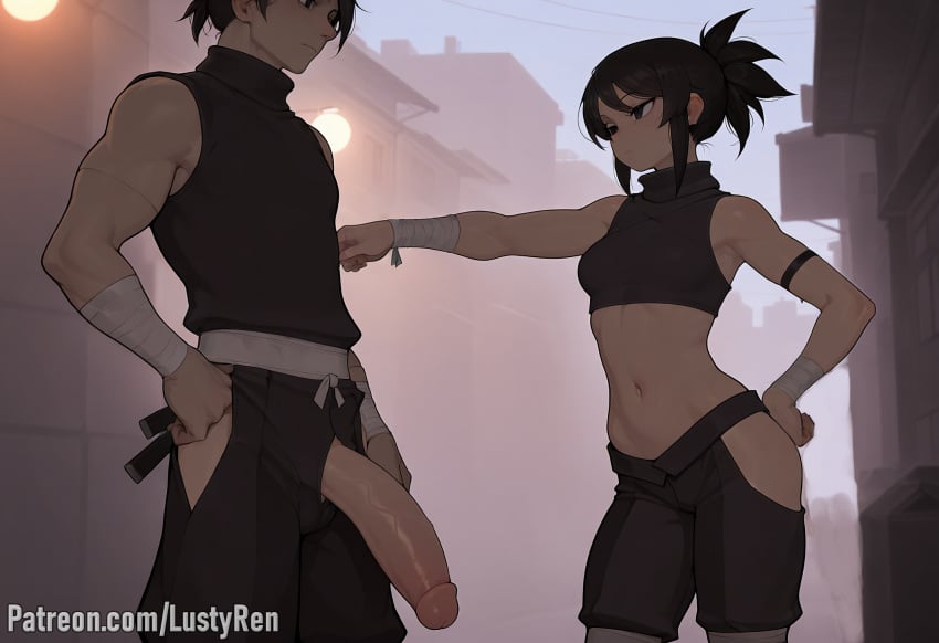 1boy abs ai_generated bandaged_arm bandages bare_shoulders black_eyes black_hair black_legwear black_shorts breasts crop_top exhibitionism female hair_between_eyes hip_vent huge_cock large_breasts large_penis lustyren midriff navel ninja penis ponytail shirt shorts sleeveless stomach straight thighhighs thighs uncensored wrist_wrap