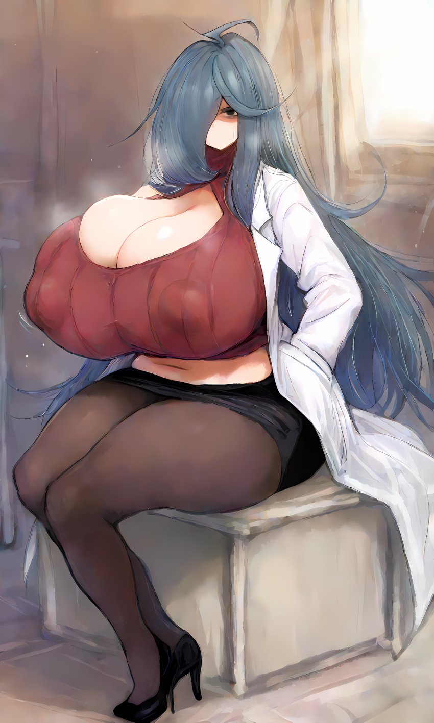 1girls ? ai_generated areola_bulge areolae_visible_through_clothing bags_under_eyes big_breasts black_eyes black_pantyhose blue_hair breasts breasts_bigger_than_head cleavage cleavage_cutout disheveled female_focus gigantic_breasts grey_hair hair_over_one_eye hi_res highres huge_breasts lab_coat labcoat large_breasts long_bangs long_hair mei&#039;s_mother_(2b213) milf mother pantyhose pencil_skirt pov ribbed_sweater self_upload sleeveless sn7314 solo solo_female solo_focus steaming_body sweat sweatdrop sweaty sweaty_body thick_thighs thighs tight_clothing two_tone_hair